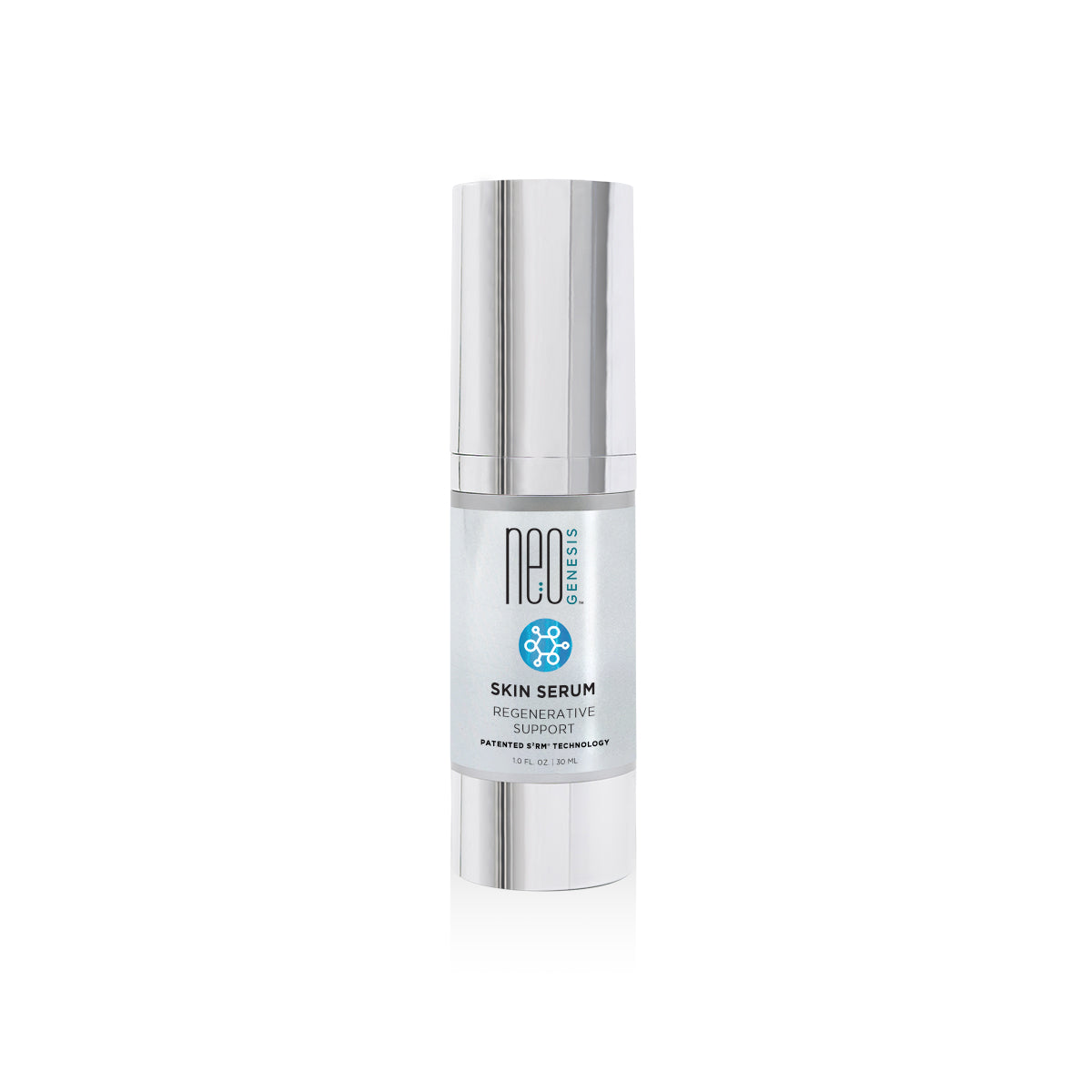 Silver-capped bottle of NeoGenesis Skin Serum, labeled
